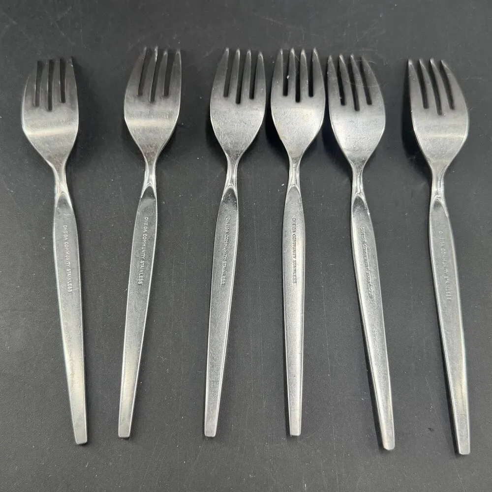 (6) Oneida Community Stainless Frostfire Dinner Fork Lot Satin Handle ~ 7.25”